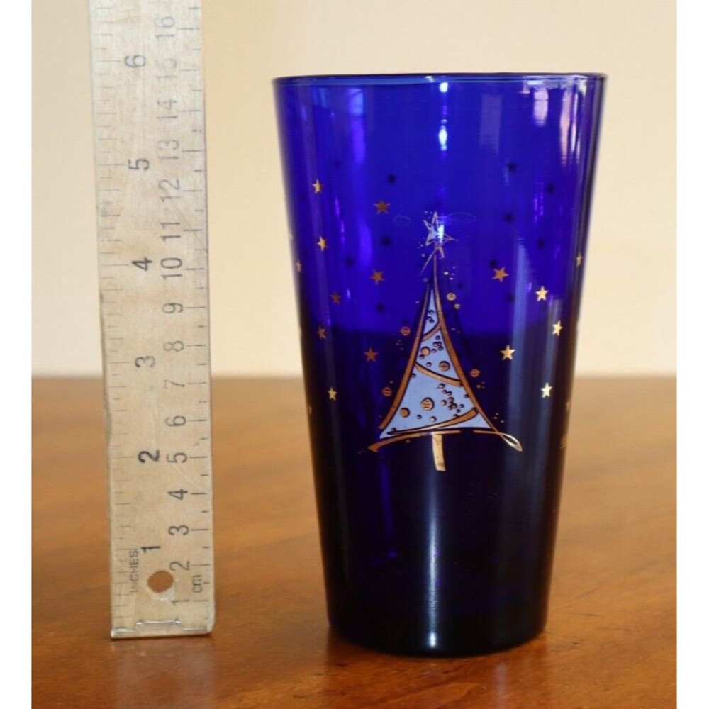 Vtg Culver USA Cobalt Blue 22KT Gold Glass Christmas Tree Stars Highball 5.75"